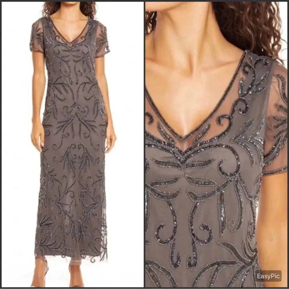 NWT Pisarro Nights Size 8 Beaded Mesh Column Gown Aluminum